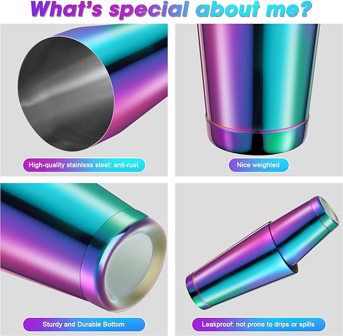 Lallisa 10 Pieces Cocktail Shakers Professional Bar Boston Shaker Set Stainless Steel Martini Shaker Drink Mixer Basic Tools Weighted Shake Metal Can for Bartenders, 18 Oz, 28 oz(Rainbow)