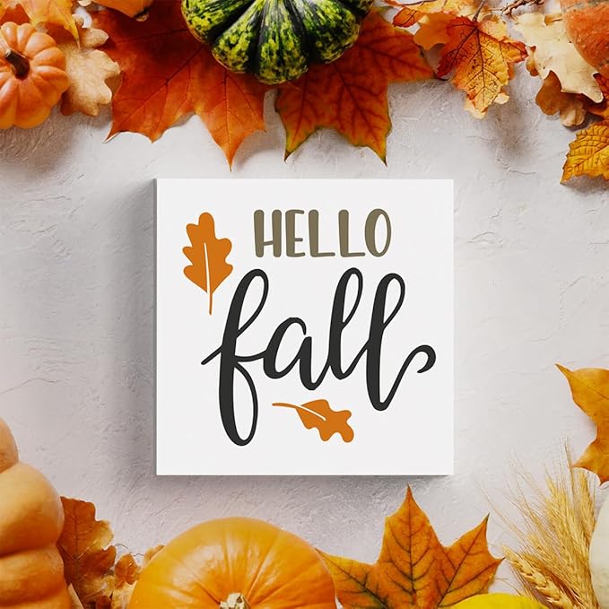 Fall Wooden Box Sign for Tiered Tray, 5.1 X 5.1 Inch Pumpkin Autumn Wood Sign for Home Living Room Harvest Day Thanksgiving Tabletop Decor - Hello Fall