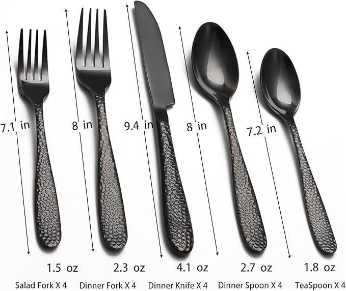 Black Hammered Silverware Set, 20 Piece Stainless Steel Heavy Duty Flatware Set for 4, Food-Grade Tableware Cutlery Set for Home Restaurant, Mirror Polished, Dishwasher Safe