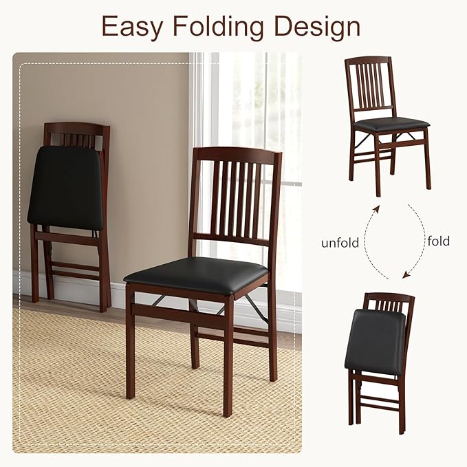 POWERSTONE Folding Dining Chairs Set of 2, Space Saving Foldable Kitchen Chairs with Padded Seat, Slatted Backrest, Solid Wood Frame, No Assembly for Dining Room Apartment Small Spaces
