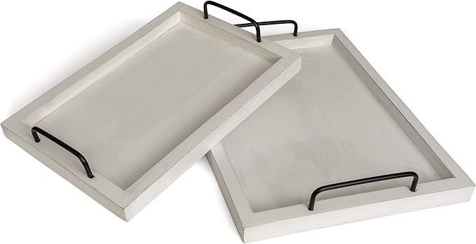 Besti Rustic Vintage Food Serving Trays (Set of 2) | Nesting Wooden Board with Handles | Stylish Farmhouse Decor Serving Platters | Large: 15 x2 x11” - Small: 13 x2 x9” inches (Rustic Off White)