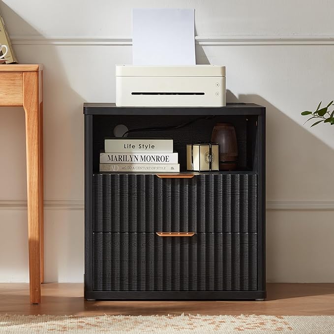 LEYAOYAO Fluted Farmhouse Nightstand Set of 2 with Charging Station, 23" Wide 2 Drawers End Table,Black Dresser for Bedroom,Bed Side Table Chest of Drawers Cabinet,Wood Night Stand for Living Room