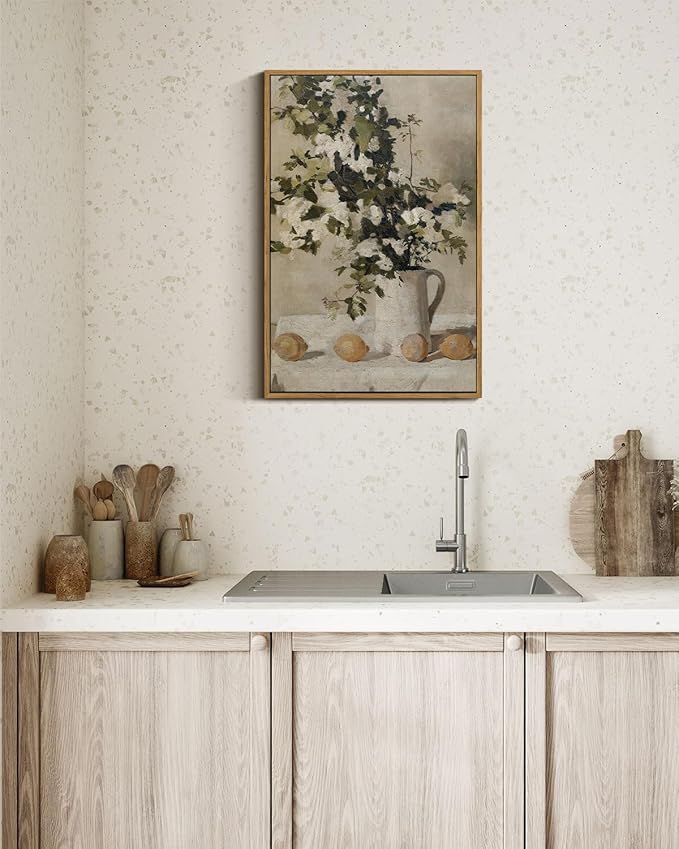 VIYYIEA Floral Large Framed Wall Art, Flowers and Lemons Vintage Art Decor Room Aesthetic, 16X24 Inch Canvas Print Artwork, Farmhouse Still Life Painting Wall Decor for Bedroom Bathroom Office