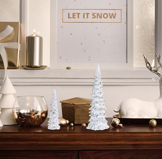 MEETYAMOR Christmas Decorations Indoor, 2 Pcs White Resin Christmas Tree Figurine for Table Decor, Farmhouse Rustic Xmas Decorations for Home, Table, Mantle, Living Room