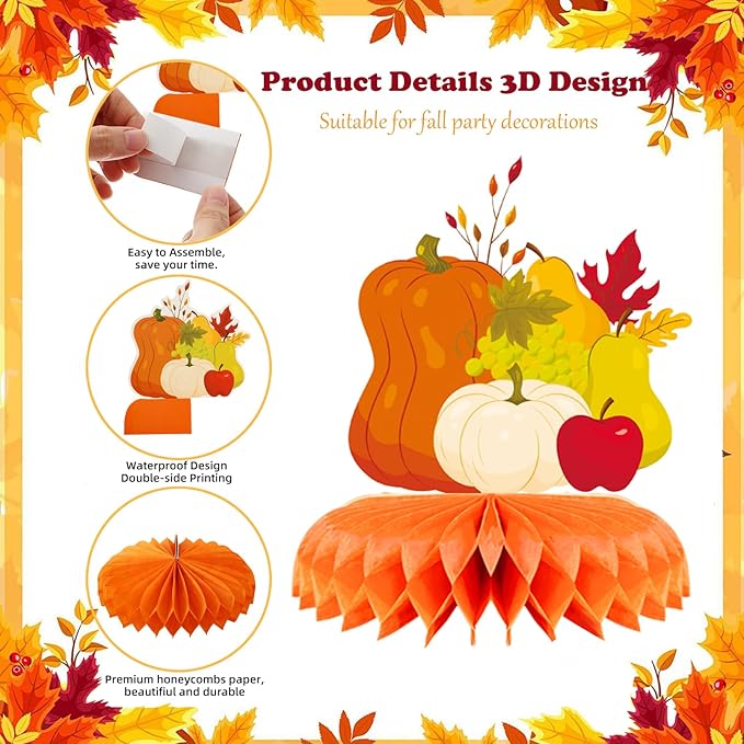 9Pcs Fall Centerpiece Table Decorations Fall Party Decorations Thanksgiving Table Centerpiece Turkey Centerpiece Pumpkin Honeycomb for Thanksgiving Table Decoration Autumn Birthday Party Supplies