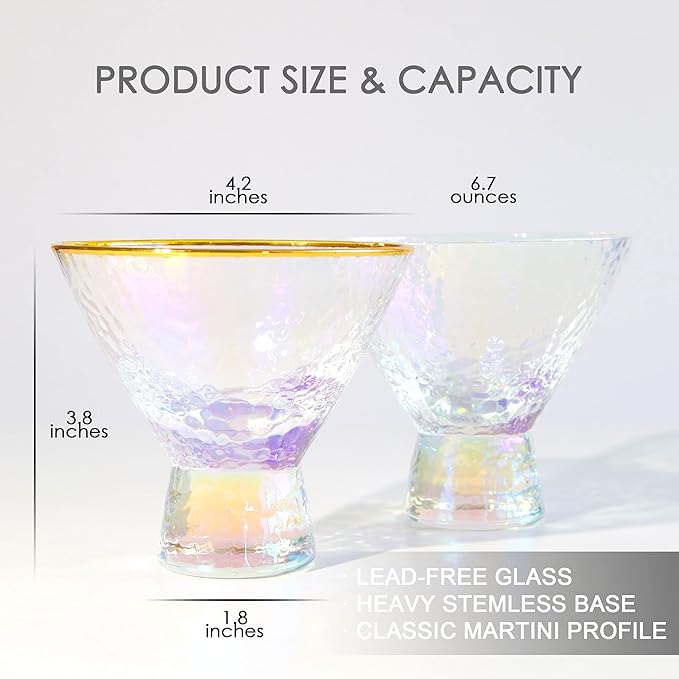 Lysenn Iridescent Stemless Martini Glasses Set of 4 - Premium Hammered Cocktail Glasses for Weddings, Anniversary, Christmas, Party - 7.7oz