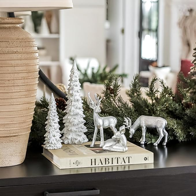 DN DECONATION Christmas Decoration Reindeer and Tree Figurines – Xmas Reindeer with White & Silver Tree Statues Decor – Resin Christmas Village for Winter Table Mantle Decor Set of 5