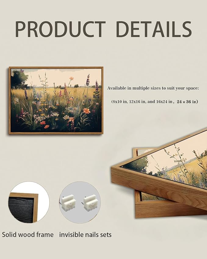 KISSFOX Vintage Wildflower Field Canvas Wall Art Spring Farmhouse Landscape Floral Framed Wall Art Rustic Cottagecore Colorful Botanical Art Prints Artwork For Living Room Bedroom Kitchen