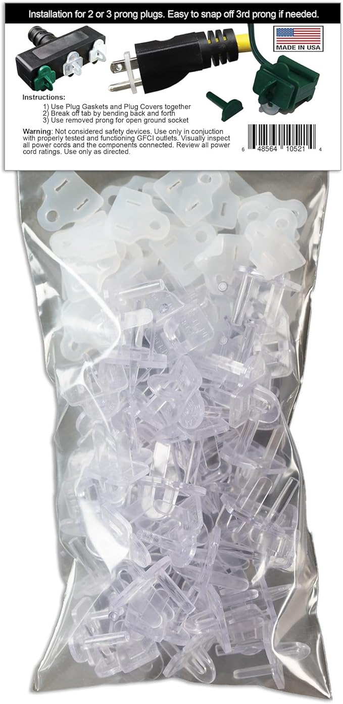 The Original Weatherproof Gaskets & Plug Covers - Made in USA, Outdoor Waterproof GFCI Protectors, Christmas Light Installation, Extension Cords, Stop GFCIs from Tripping (Clear, Qty 50) - by APlugPro