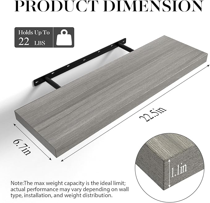 BAYKA Floating Shelves, 22.5 inch Rustic Wood Wall Mounted Shelves for Bathroom, Bedroom, Living Room, Kitchen, Hanging Shelf for Books/Storage/Decor (Grey,Set of 2)