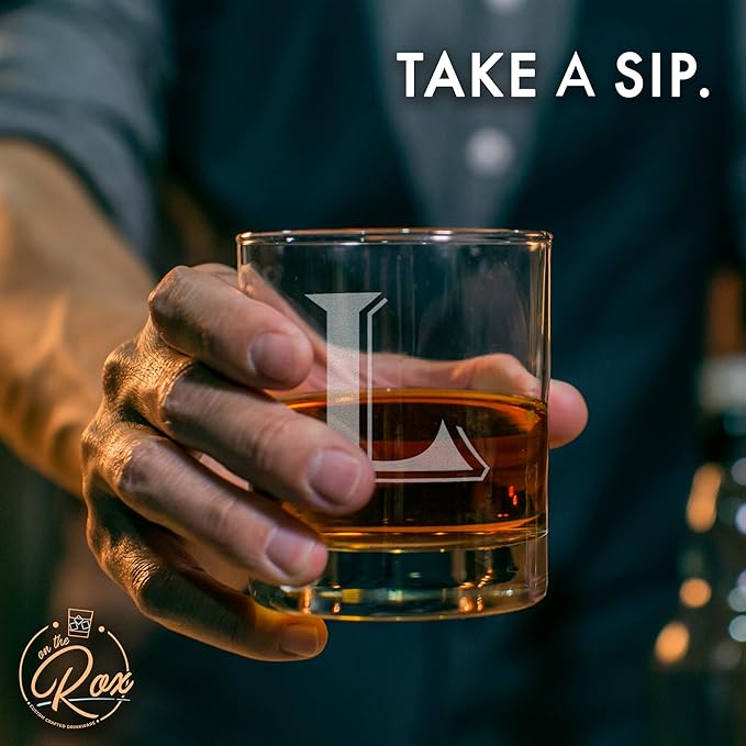 (L-Monogram)- 4 Piece Set of 11 Ounce Engraved Heavy Base Rocks Glasses Elegant Glass-Multi-Purpose Beverage-Rocks Glass- Gift for any Occasion- By: On The Rox