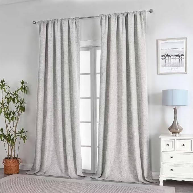 Joydeco Natural Linen Curtains 84 inch Length 2 Panels Set Burg 100% Blackout Patio Door Curtain Room Darkening Sliding Door Curtains Thermal Insulated Back tab Rod Pocket(105x84 inch, White)