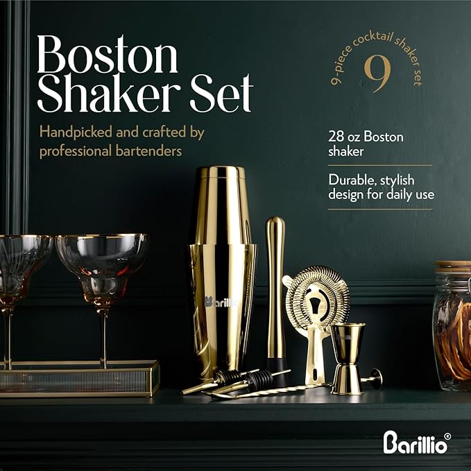 Barillio Gold Boston Shaker Set - Stainless-Steel, Weighted Martini Cocktail Shaker Set w/Strainer & Drink Mixer - Mixology Bartender Kit - Bar Set for The Home - 9-pc Drink Shaker Set - Bar Tools