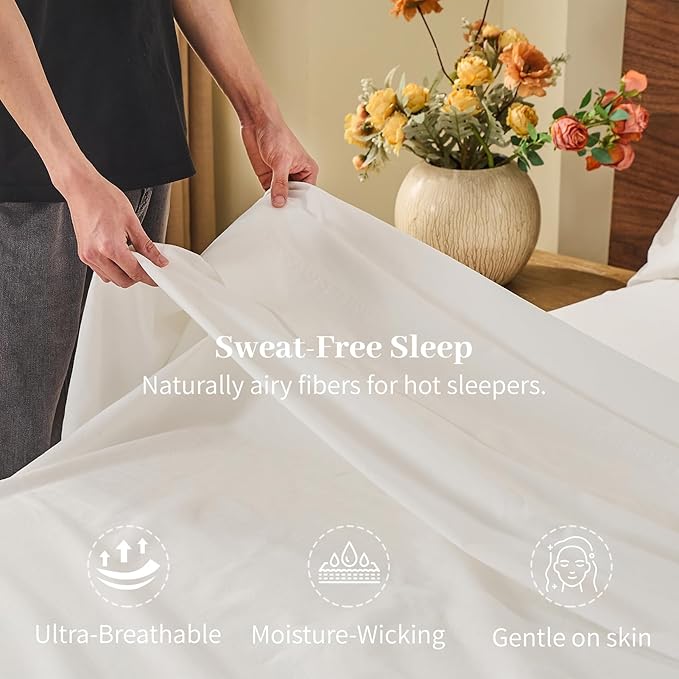 MEISHANG 100% French Pure Linen Sheets Queen Size - Bed Sheets 4 Piece Sets, Soft Durable Flax Linen, Anti-Tear Breathable Oeko-Tex Certified with 16" Deep Pocket (White)