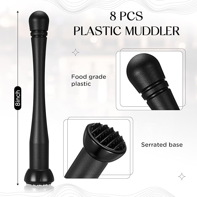 Baderke Muddler for Cocktails Plastic Bar Muddler Bulk 8 Inch Bar Accessories Tools Set for Home Ice Crusher Bartender Accessories Mojito Fruit Drink(Novel,Black,8 Pcs)