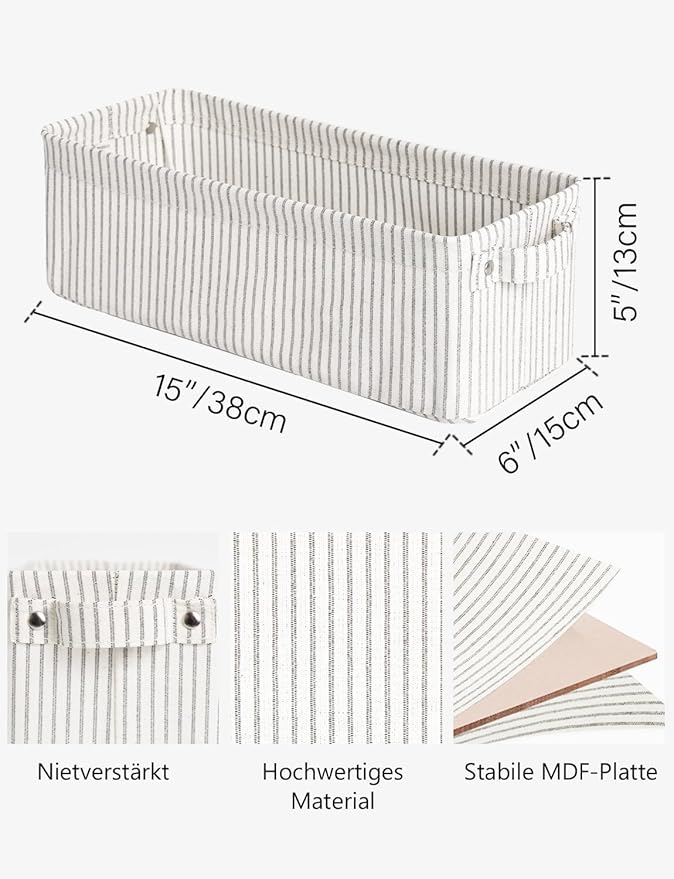 StorageWorks Narrow Storage Bins, Small Basket for Closet and Shelves, Fabric Organizer with Handles, Toilet Paper Storage, Khaki and Beige Stripes, 2-Pack