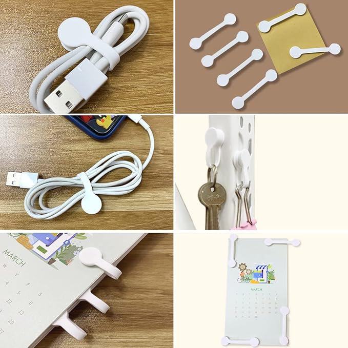 Viaky 6PCS Silicone Cable Straps Reusable Twist Noticeboard Fridge Magnets Ties Earbuds Cord Winder Wrap Bookmark Clips Wire Organizer In Office, Home, School, Kitchen (White)