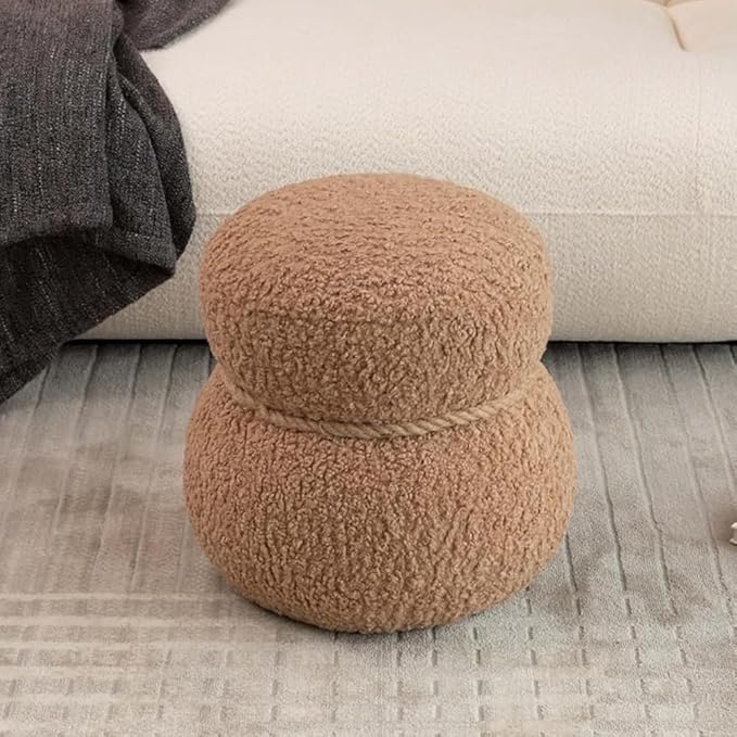 Snowman Footstool Ottoman Vanity Stool Small Upholstered Boucle Ottoman Shoe Stool Cute Stool Sofa Footrest Stool for Living Room Bedroom Entrance (Light Brown)