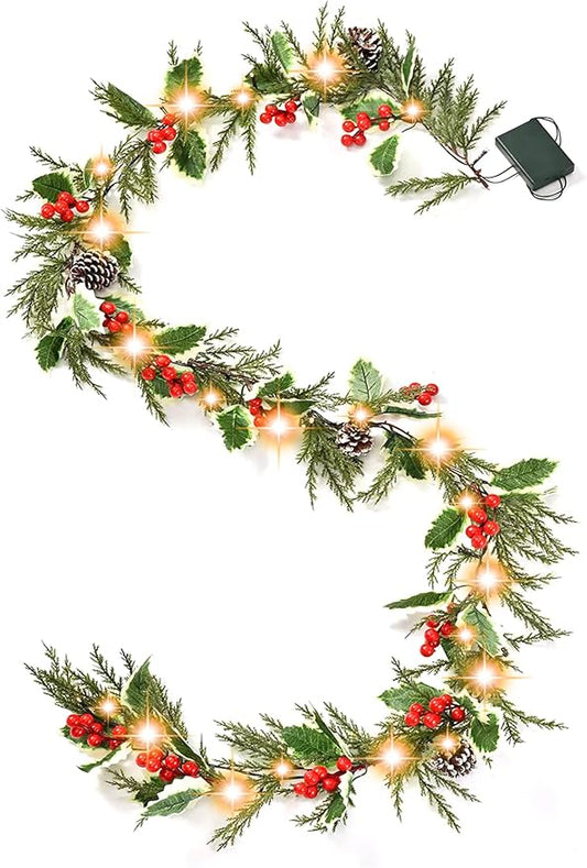 6ft 20 LED Christmas Garland with Holly Pines,Battery Operated Garland with Timer, Red Berry Garland with Lights for Indoor Mantle Fireplace Stair Home Holiday Decoration