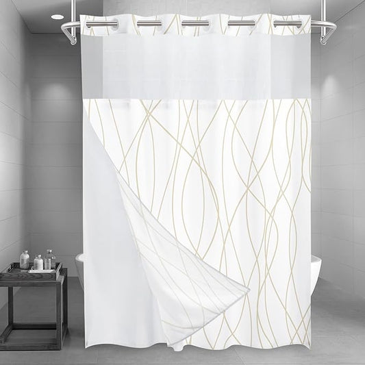 No Hook Beige Khaki Striped Long Shower Curtain with Snap in Fabric Liner Set - Hotel Shower Curtain and Liner Set with See Through Mesh Top Window,Machine Washable, 71x86 INCH