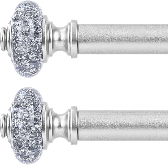 2 Pack Silver Curtain Rods for Windows 30 to 41 Inch, Decorative Vintage Crystal 1'' Diameter Curtain Rod with Silver Foil Finials, Adjustable Heavy Duty Easy Install Drapery Pole for Farmhouse