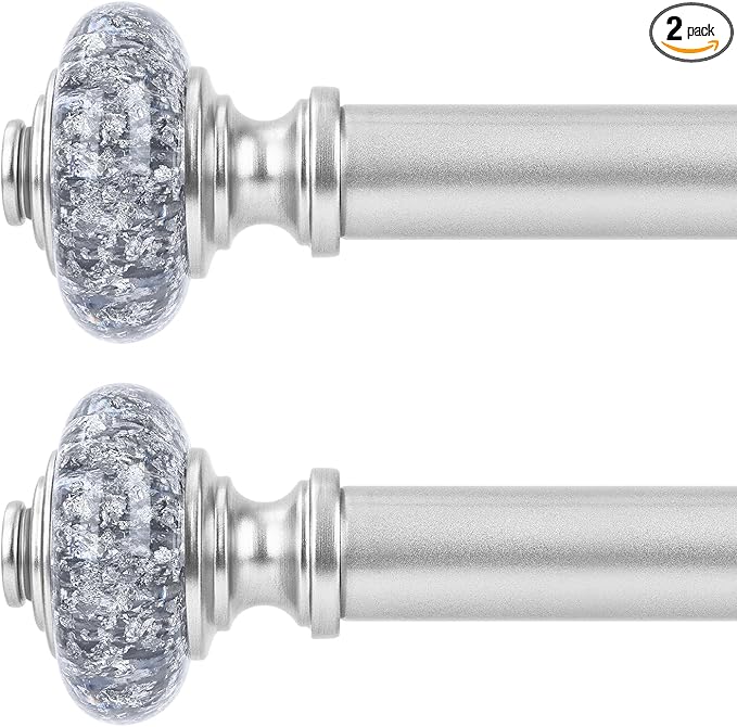 2 Pack Silver Curtain Rods for Windows 48 to 84 Inch, Decorative Vintage Crystal 1'' Diameter Curtain Rod with Silver Foil Finials, Adjustable Heavy Duty Easy Install Drapery Pole for Farmhouse