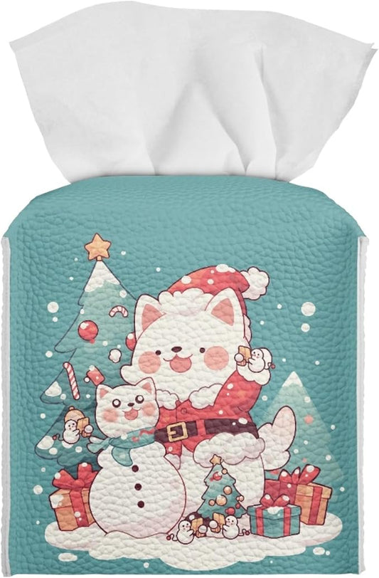Christmas Tree Cat Tissue Box Cover Square Christmas Decor Tissue Box Holder Cute Leather Tissue Holder Tissues Cube Box Cover for Bathroom Organizer Dispenser