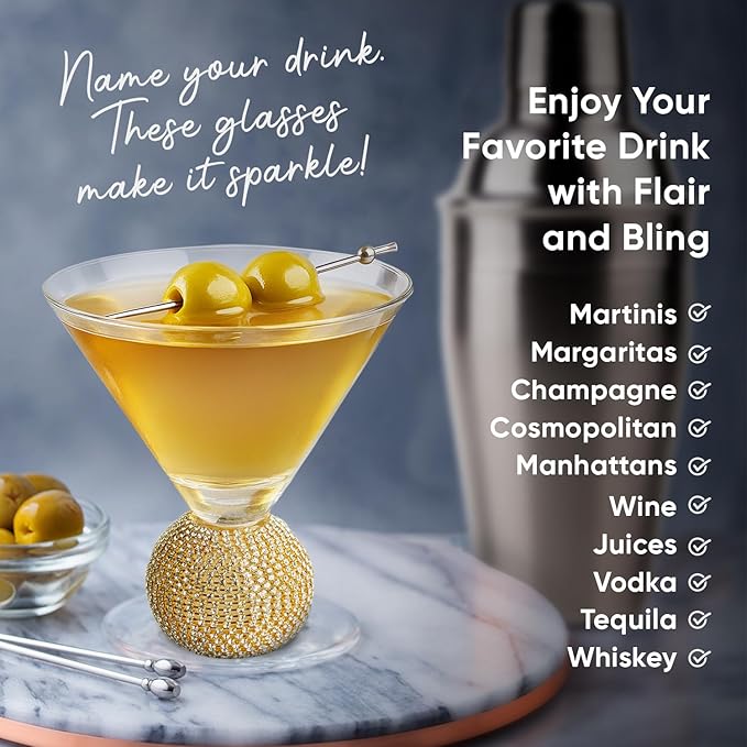 Stemless Martini Glasses Set of 2, Silver Stemless Modern Cocktail Glass, Crystal Ball Base in Elegant Box, Perfect Bar Accessories for Margarita, Manhattan, Cosmos, Mixed Drinks, and Desserts