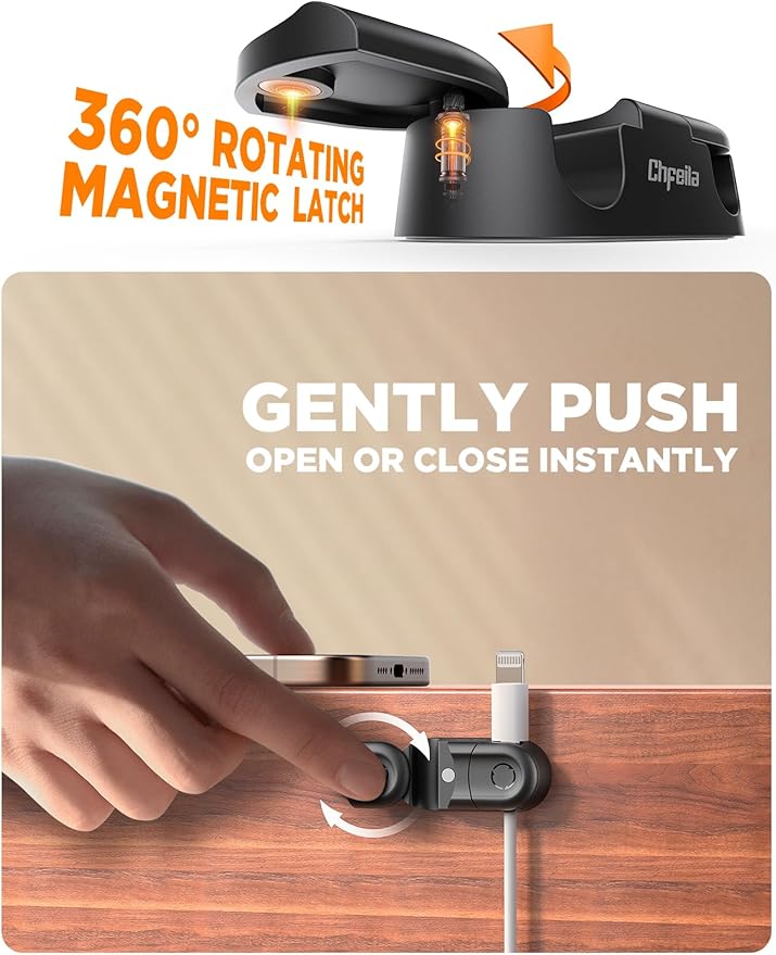 Magnetic Cable Clips - Chfeila 8Pack [Dual Slot] [360°Rotating & Twist-Lock] Cord Management, Adhesive Phone Charging Keeper, Wire Organizer Holder for Nightstand, Home Office Desk Accessories Decor