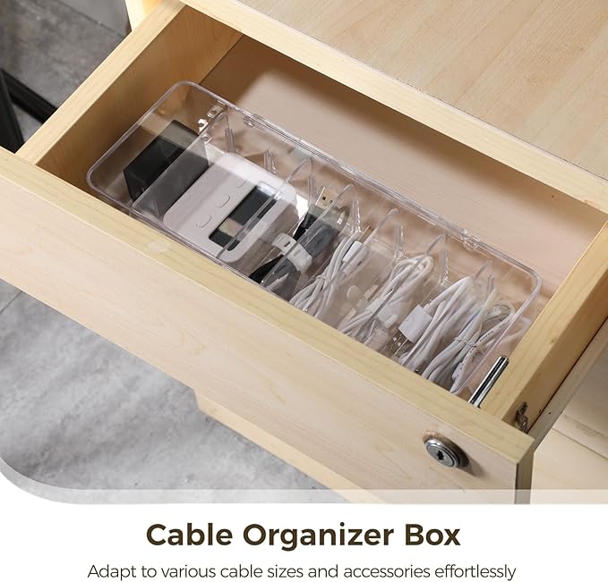 4 PCS Cable Organizer Storage, Cord Organizer 8-Compartment with Lid, Removable Dividers, Clear Cord Storage Organizer for Home Office Desk