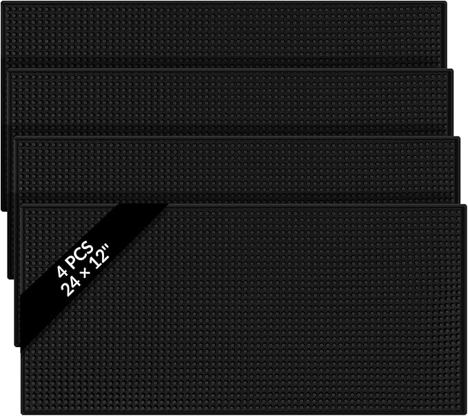 Tioncy 4 Pcs Bar Mat for Countertop 24 x 12 Inch Non Slip Rubber Mat Service Spill Cocktail Bartending Coffee Bar Mats for Hot Dishes Restaurants Barbershop Clippers Hot Pads, Black