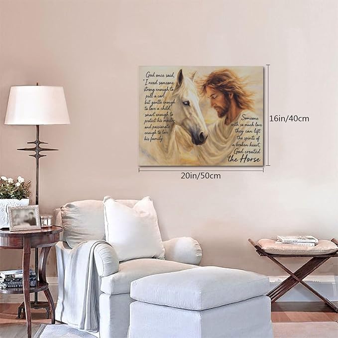 Horse Wall Art Christian Jesus Canvas Wall Decor Scripture Pictures Christ Paintings Prints Religious Bible verse Artwork Framed Decorations For Church Prayer Room Bathroom Bedroom Living Room Gifts 20" x 16"