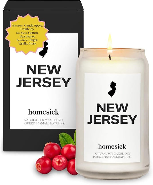 Homesick Scented Candles for Home (New Jersey) - 13.75 oz Long-Lasting Soy Wax Jar Candle for Women & Men for All Occasions, 60-80 Hours Burn Time - Notes of Candy Apple & Cranberry