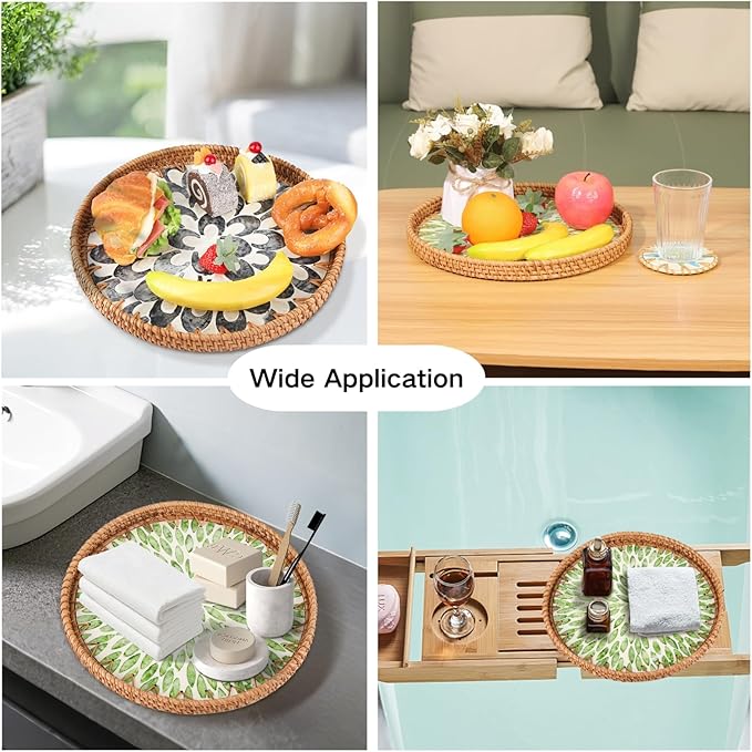 Round Rattan Serving Tray with Mother of Pearl Inlay & Coaster, Boho Wicker Basket, Decorative Coffee Table Tray for Table Decor, Storage and Display of Coffee Bread Fruit (Leaf)