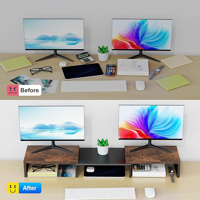 Dual Monitor Stand for Desk, Wooden Monitor Riser, Desk Shelf for Top of Desk, Computer Stand for Home and Office Use (Wood)