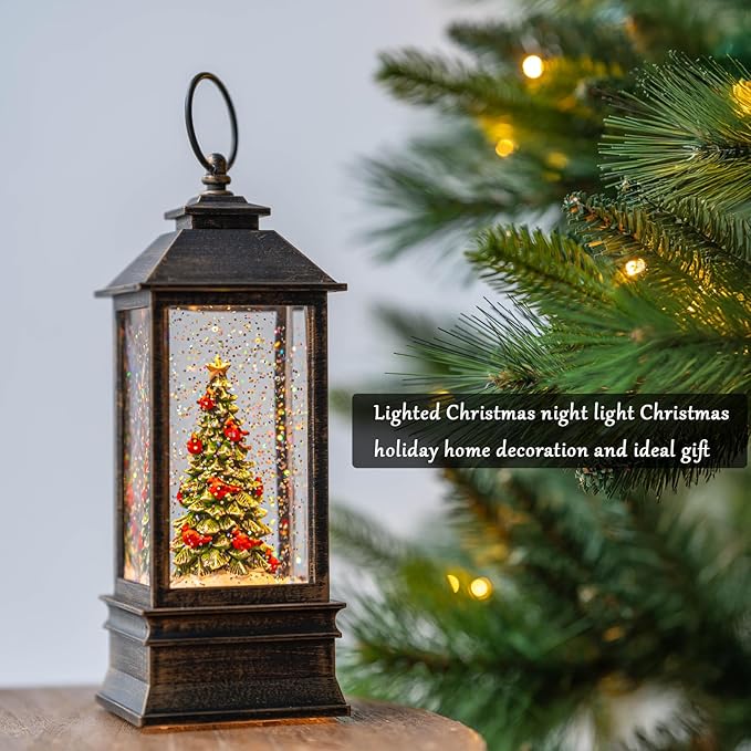 10" Lighted Christmas Tree Cardinal Music Snow Globe Water Lantern with Swirling Glitter Decoration for Christmas Home, Living Room, Battery Operated or USB Powered