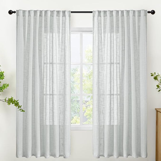 YoungsTex Light Grey Linen Curtains 72 Inch Length for Living Room, Semi Sheer Window Drapes Textured Light Filtering with Rod Pocket Back Tab for Bedroom, 2 Panels, 52 X 72 Inch