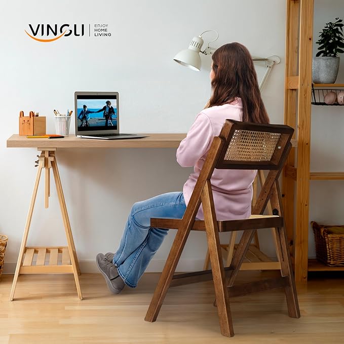 VINGLI 4 Pack Rattan Dining Chair, Wood Folding Chair with 360° Swivel Backrest, Rubberwood Frame and Rattan Woven Seat and Back, Walnut, Set of 4