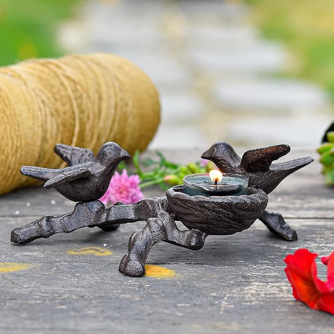 Sungmor Vintage Cast Iron Tealight Candle Holder, Lovely & Beautiful Birds Nest Design, Unique Tabletop Shelf Home Decor Pieces, Small Birds Statue Candle Holders Coffee Table Centerpieces Decor