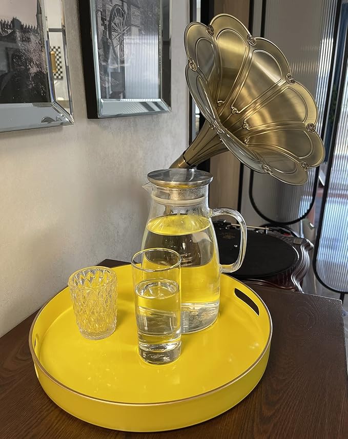 Zosenley Decorative Tray, Round Plastic Tray with Handles, Modern Vanity Tray and Serving Tray for Ottoman, Coffee Table, Kitchen and Bathroom, Size 13” (Yellow)