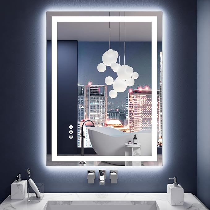 Amorho LED Mirror for Bathroom 28X36 Inch with Backlight and Front Light, Anti-Fog Mirror for Wall Mounted, Dimmable, 3 Colors, Memory