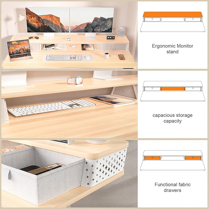 55 x 24 Inch Standing Desk with 2 Drawers, Easily Assembled Height Adjustable Desk, Ergonomic Sit to Stand Electric Desk for Home Office Workstation, Natural