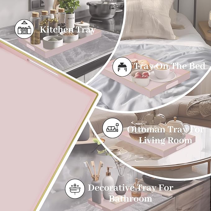 MAONAME Pink Serving Tray with Handles, Rectangular Decorative Tray, Modern Coffee Table Trays, Plastic Ottoman Trays for Bathroom, Decor, 15.7” x 11.8” x 1.57"