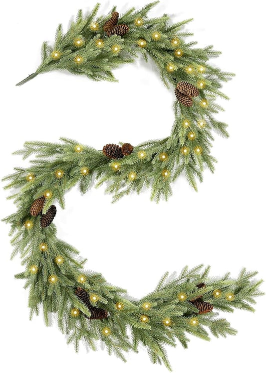 WBHome 6ft Pre-lit Norway Spruce Christmas Garland, Winter Greenery Garland for Christmas with 100 LED Lights, Holiday Seasonal Outdoor/Indoor Home Decor, 6FT Long