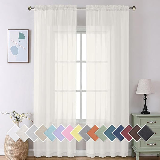 Aiyufeng Modern Sheer Window Curtains, Rod Pocket Long Curtains Translucent Drapes Semitransparent Privacy with Light Through for Bedroom/Living Room, Ivory, W40 x L96, 2 Pieces