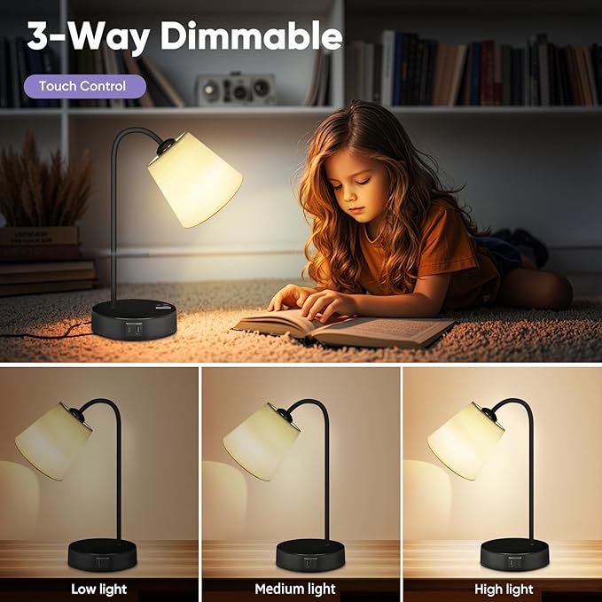 Industrial Table Lamps Set of 2 for Bedroom-3 Way Dimmable Touch Bedside Lamp for Nightstand with USB C+A Ports and Outlet,Desk Lamp with Fabric Shade for Living Room,Home,Office