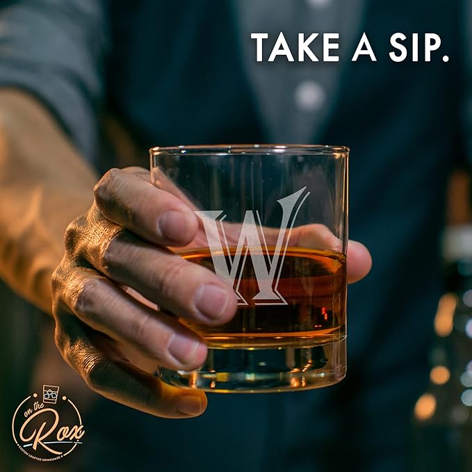 (W-Monogram)- 4 Piece Set of 11 Ounce Engraved Heavy Base Rocks Glasses- Quality Elegant Glass-Multi-Purpose Beverage-Rocks Glass- For any Occasion- By: On The Rox