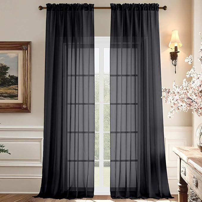 Aiyufeng 108 Inch Black Sheer Window Curtains for Farmhouse, Rod Pocket Voile Window Treatment Vertical Panels for Study Room/Bedroom/Living Room, Black, W59 x L108, 2 Panels