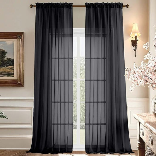 Aiyufeng 108 Inch Black Sheer Window Curtains for Farmhouse, Rod Pocket Voile Window Treatment Vertical Panels for Study Room/Bedroom/Living Room, Black, W59 x L108, 2 Panels