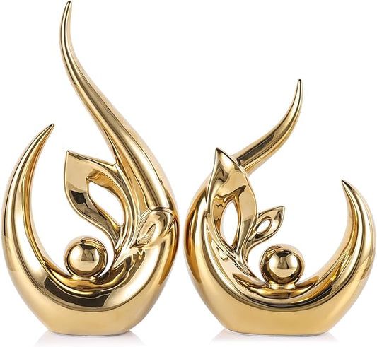 13" H Bright Gold Abstract Sculptures Home Decor, Ceramic Art Statue Cool Stuff to Put on Shelves&tv Stand Decor, Gold Accent Entertainment Center, for Fireplace Coffee Table Dining Table Decorate